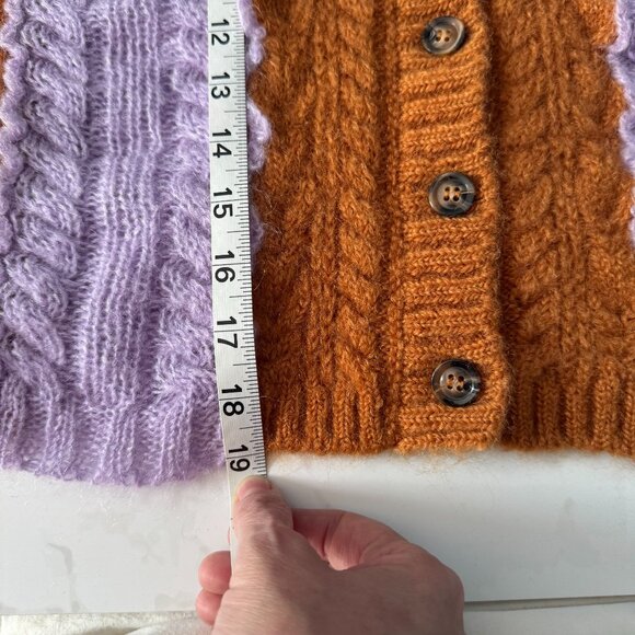 Tach Clothing Colorblock Lilac and Rust Cable Knit Cropped Cardigan Sweater - M - Picture 10 of 14